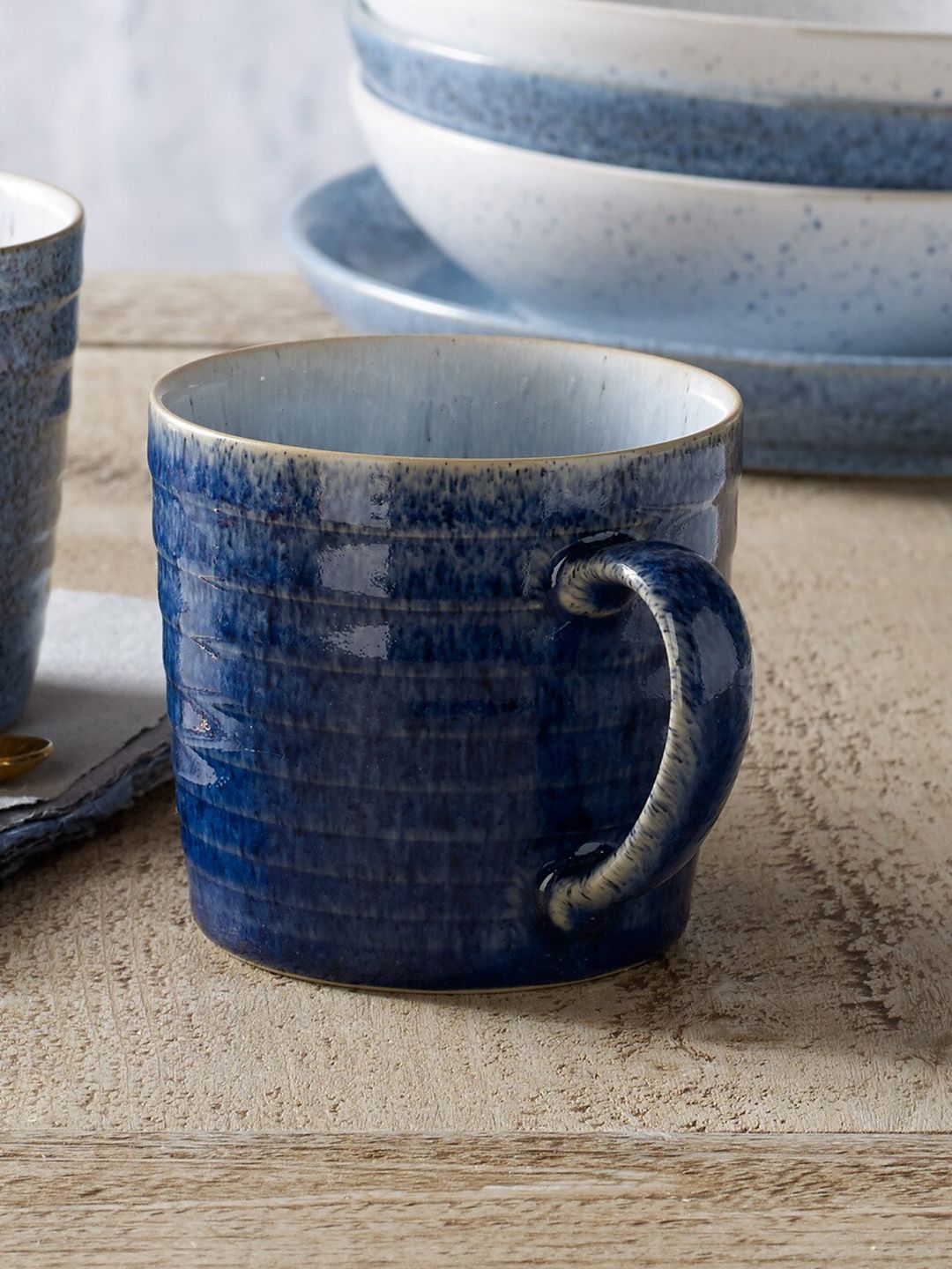 Denby Blue & White Handcrafted Printed Ceramic Glossy Mugs Set of Cups and Mugs Price in India