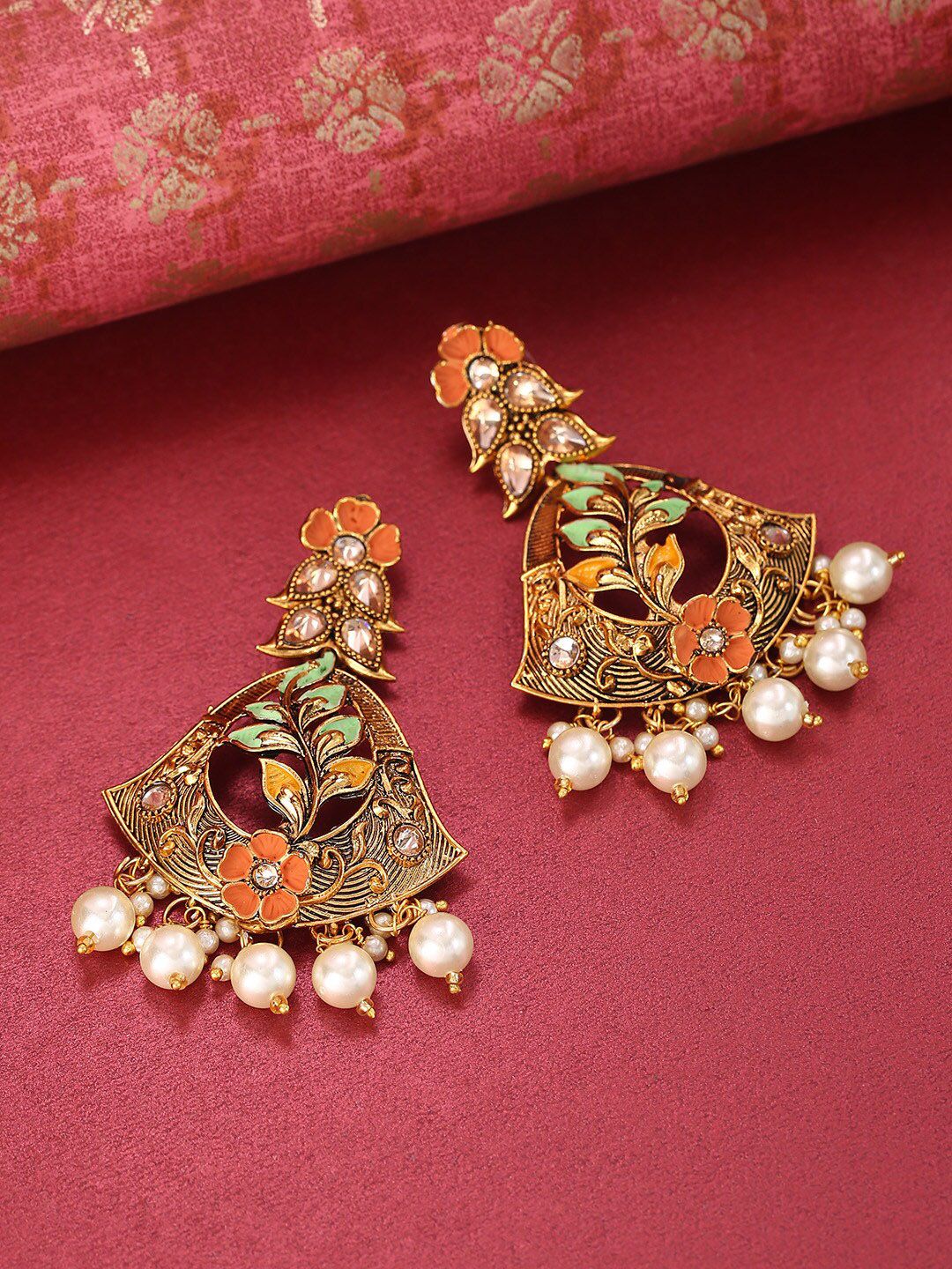 Priyaasi Orange & Turquoise Blue Contemporary Drop Earrings Price in India