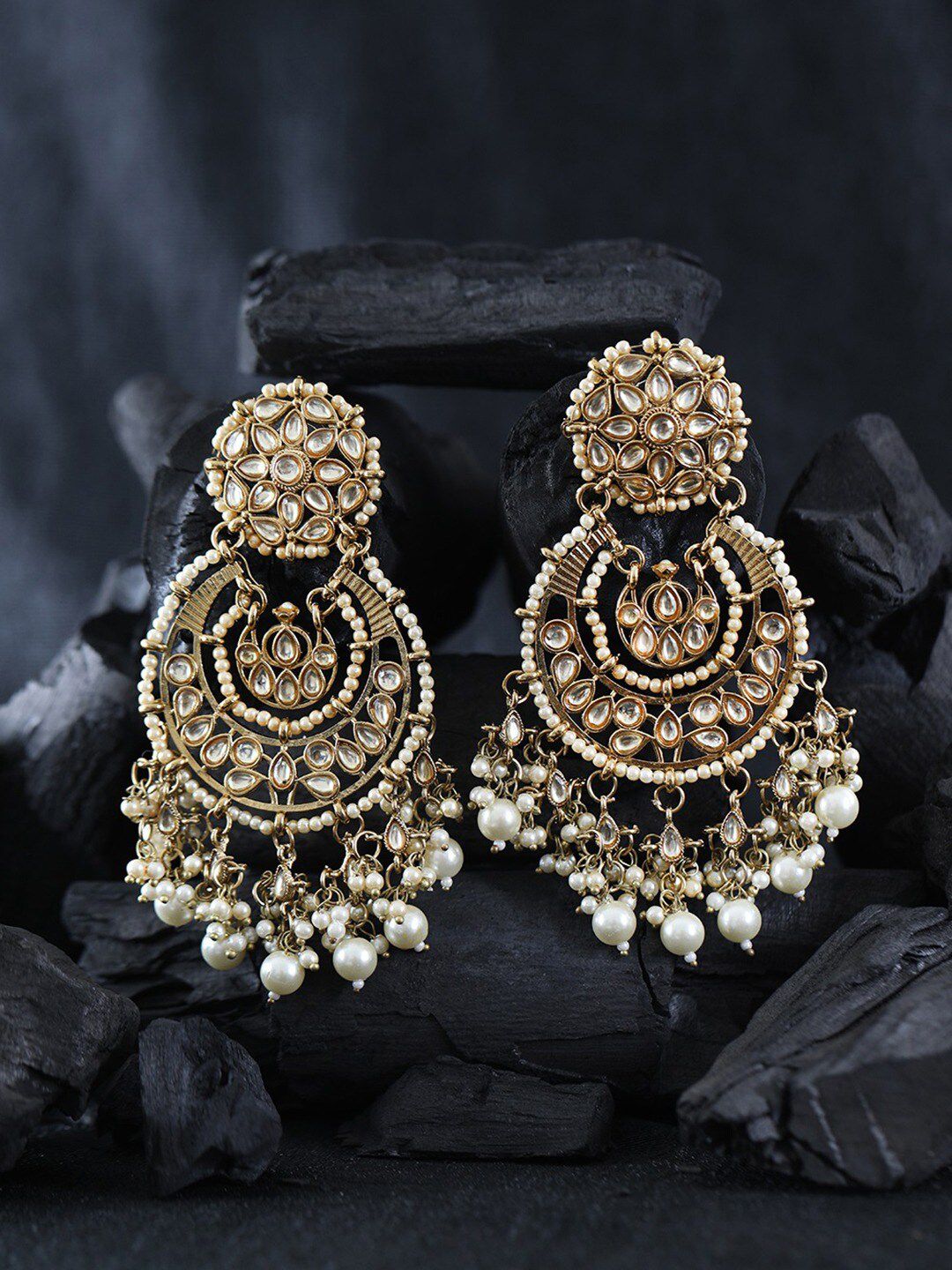 Priyaasi Gold-Toned Stone-Studded Contemporary Chandbalis Earrings With Pearl Drop Price in India