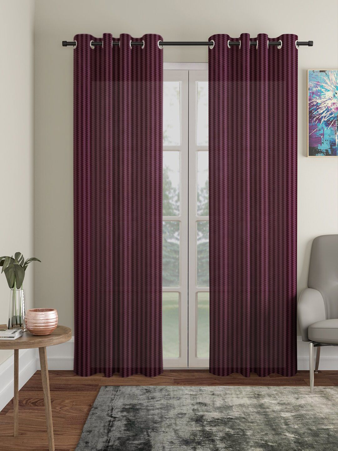 HOSTA HOMES Purple Set of 2 Striped Door Curtain Price in India