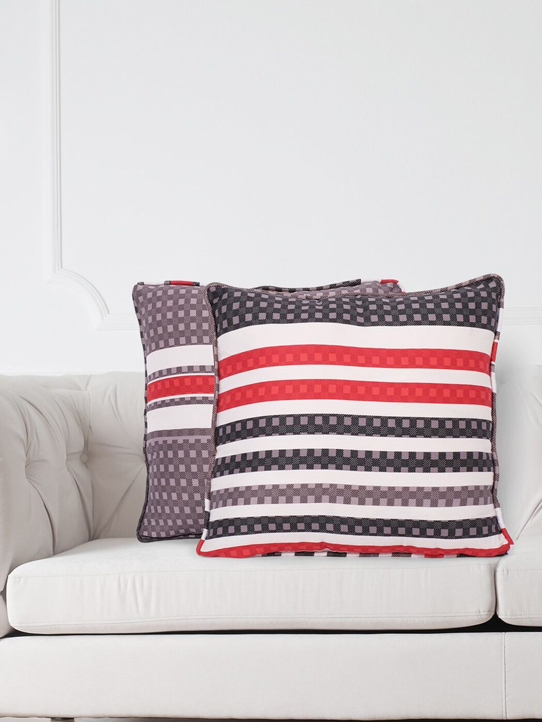 SWAYAM Grey & White Set of 2 Striped Square Cushion Covers Price in India