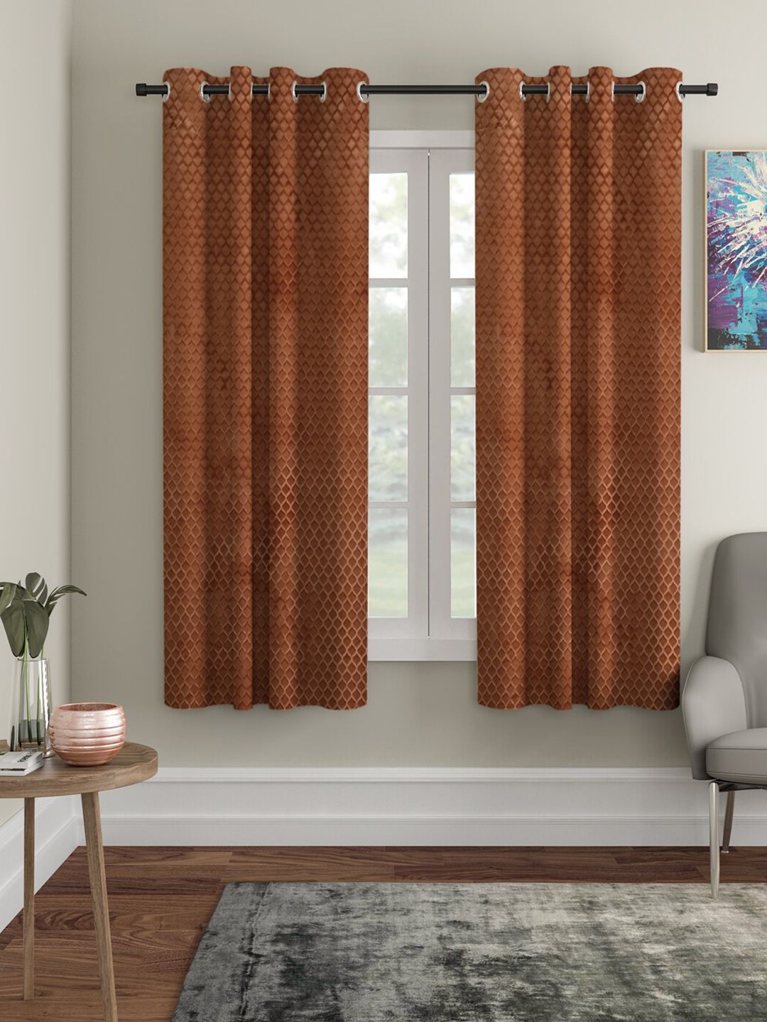 HOSTA HOMES Brown Set of 2 Geometric Window Curtains Price in India