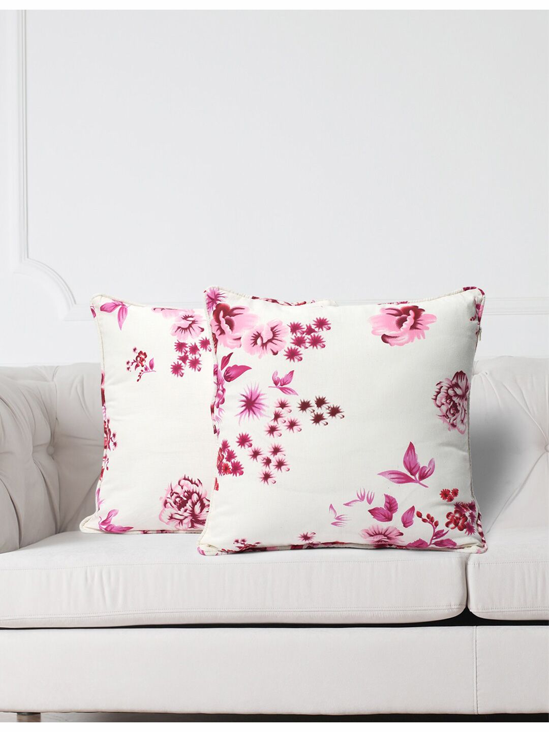 SWAYAM White & Pink Set of 2 Floral Square Cushion Covers Price in India
