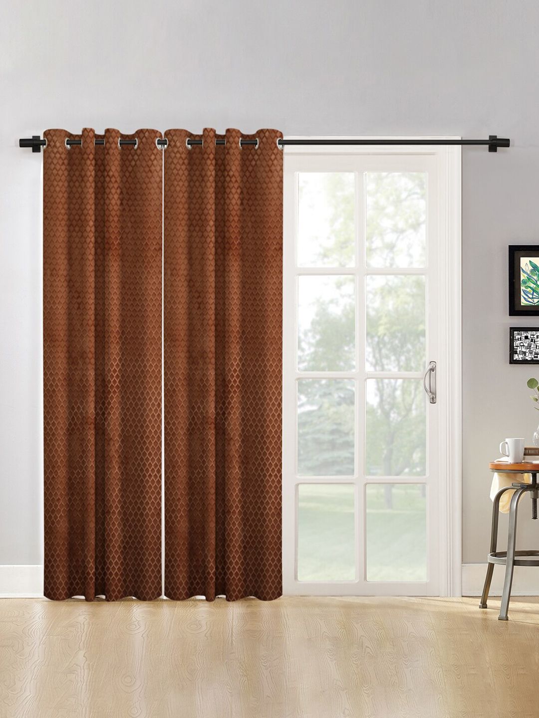 HOSTA HOMES Brown Set of 2 Geometric Long Door Curtains Price in India