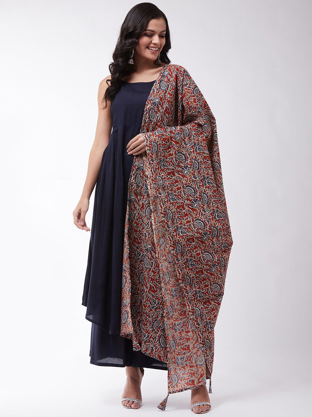 InWeave Maroon & Blue Ethnic Motifs Printed Pure Cotton Kalamkari Dupatta Price in India