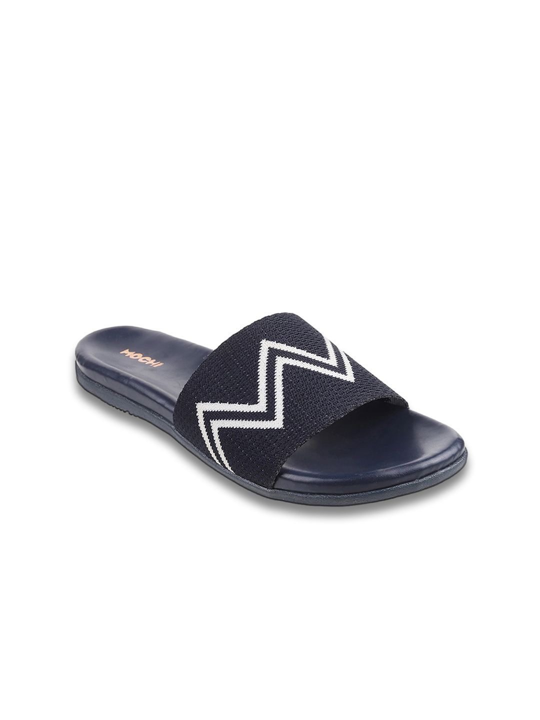 Mochi Women Blue & White Printed Rubber Sliders Price in India