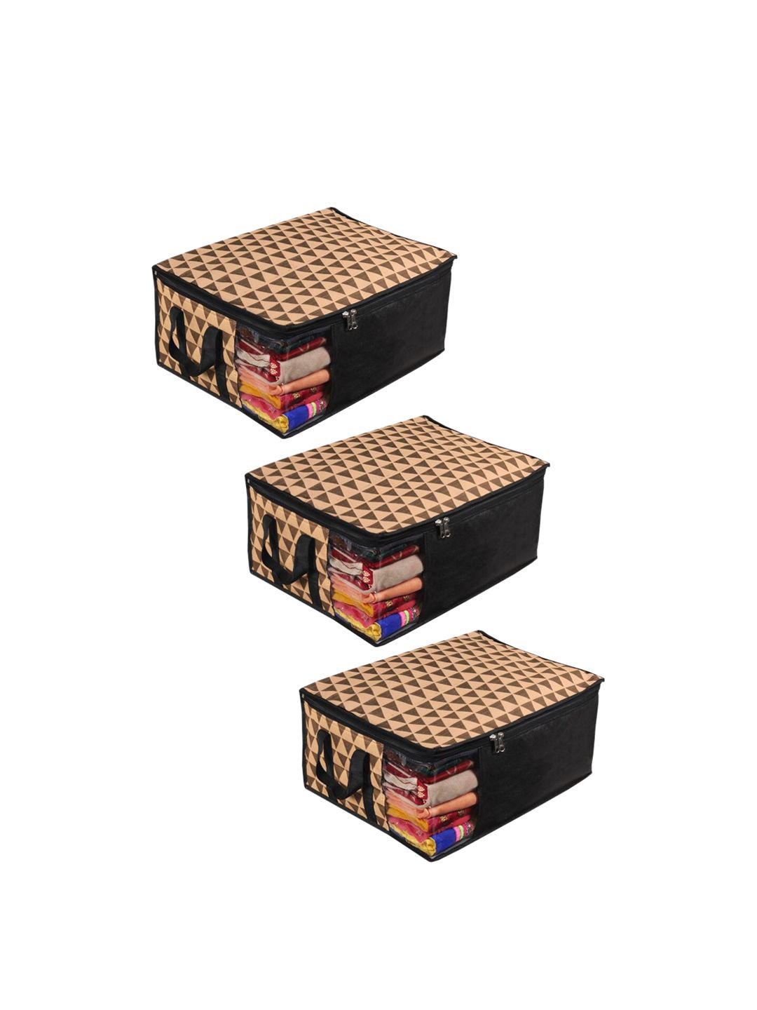 prettykrafts Set Of 3 Beige & Black Geometric Saree Organizers With Transparent Window Price in India