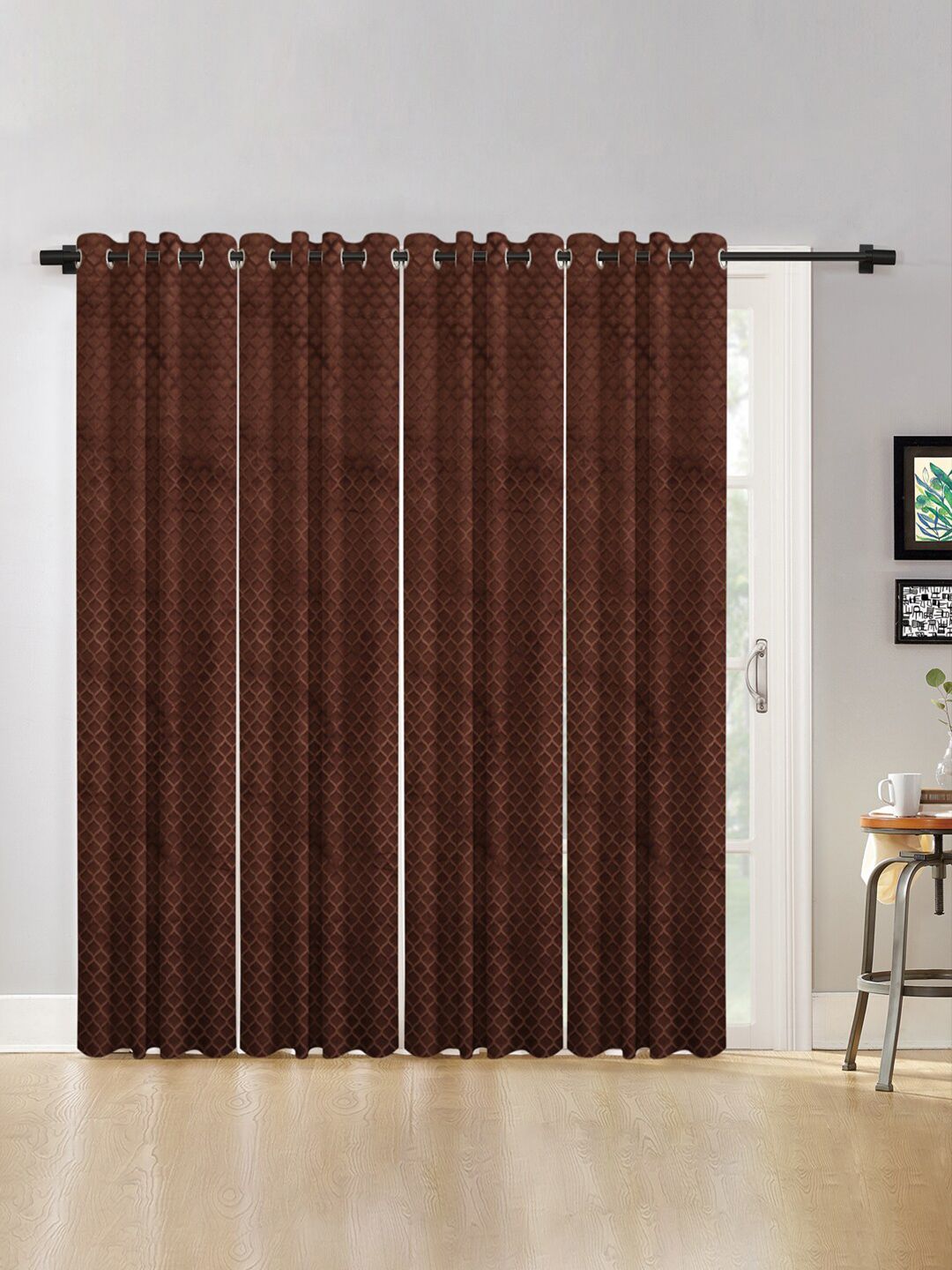 HOSTA HOMES Brown Set of 4 Geometric Long Door Curtains Price in India