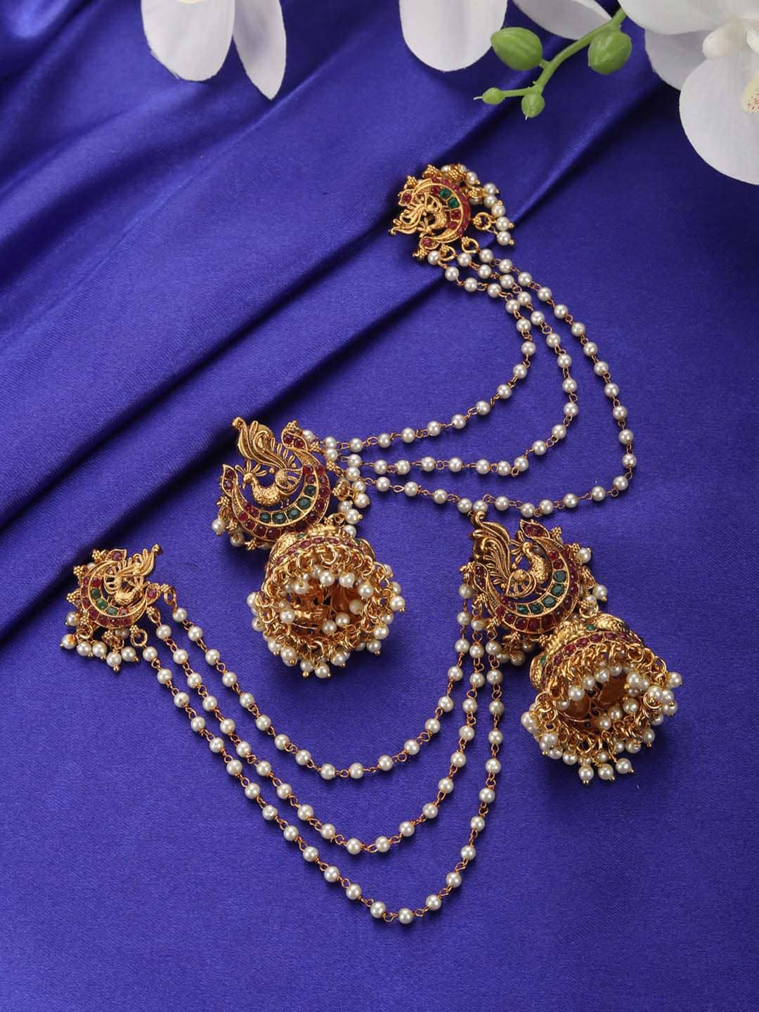 Priyaasi Gold Plated White Stones Beaded Peacock Chained Jhumkas Earrings