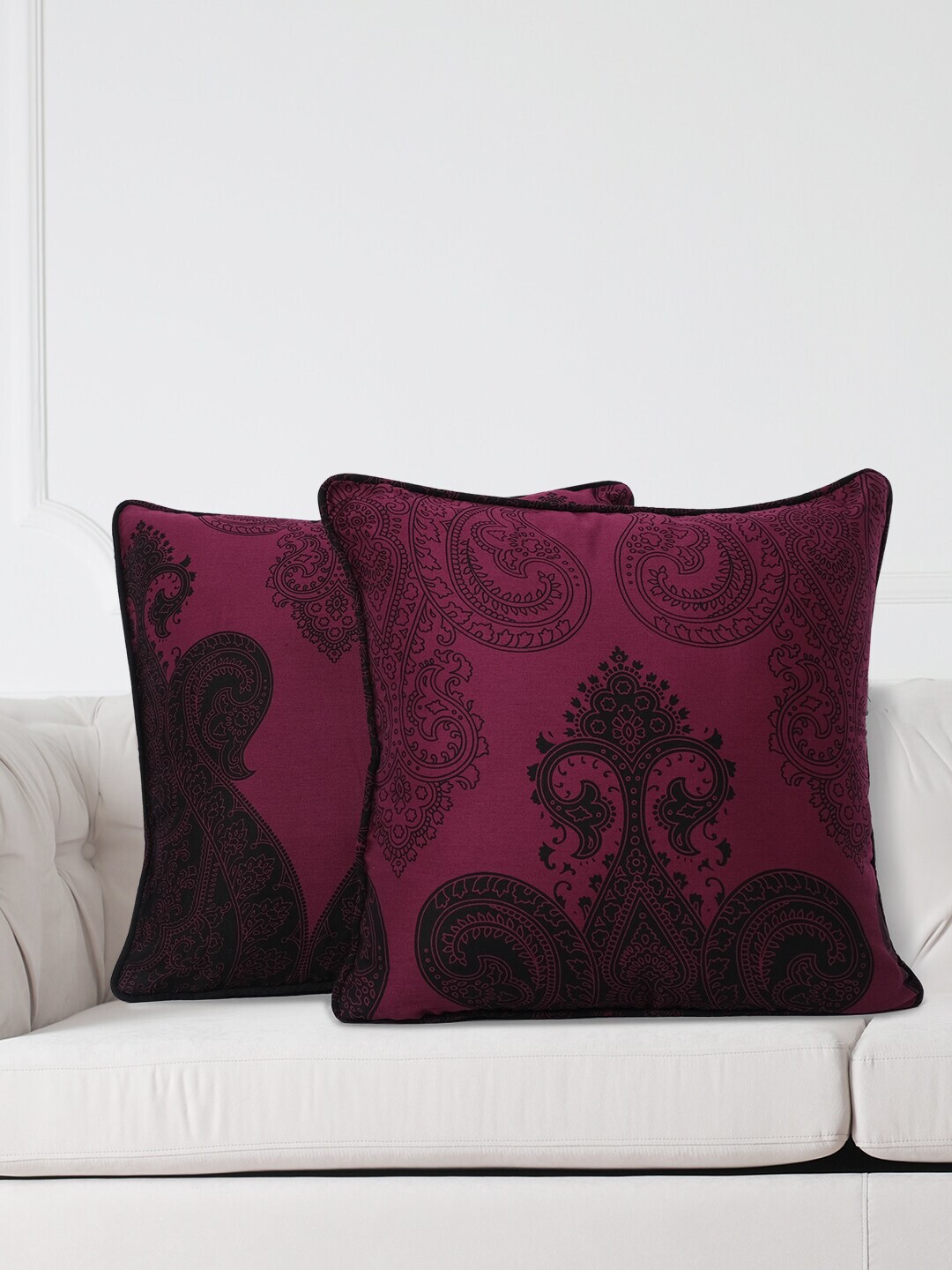 SWAYAM Maroon & Black Set of 2 Ethnic Motifs Square Cushion Covers Price in India