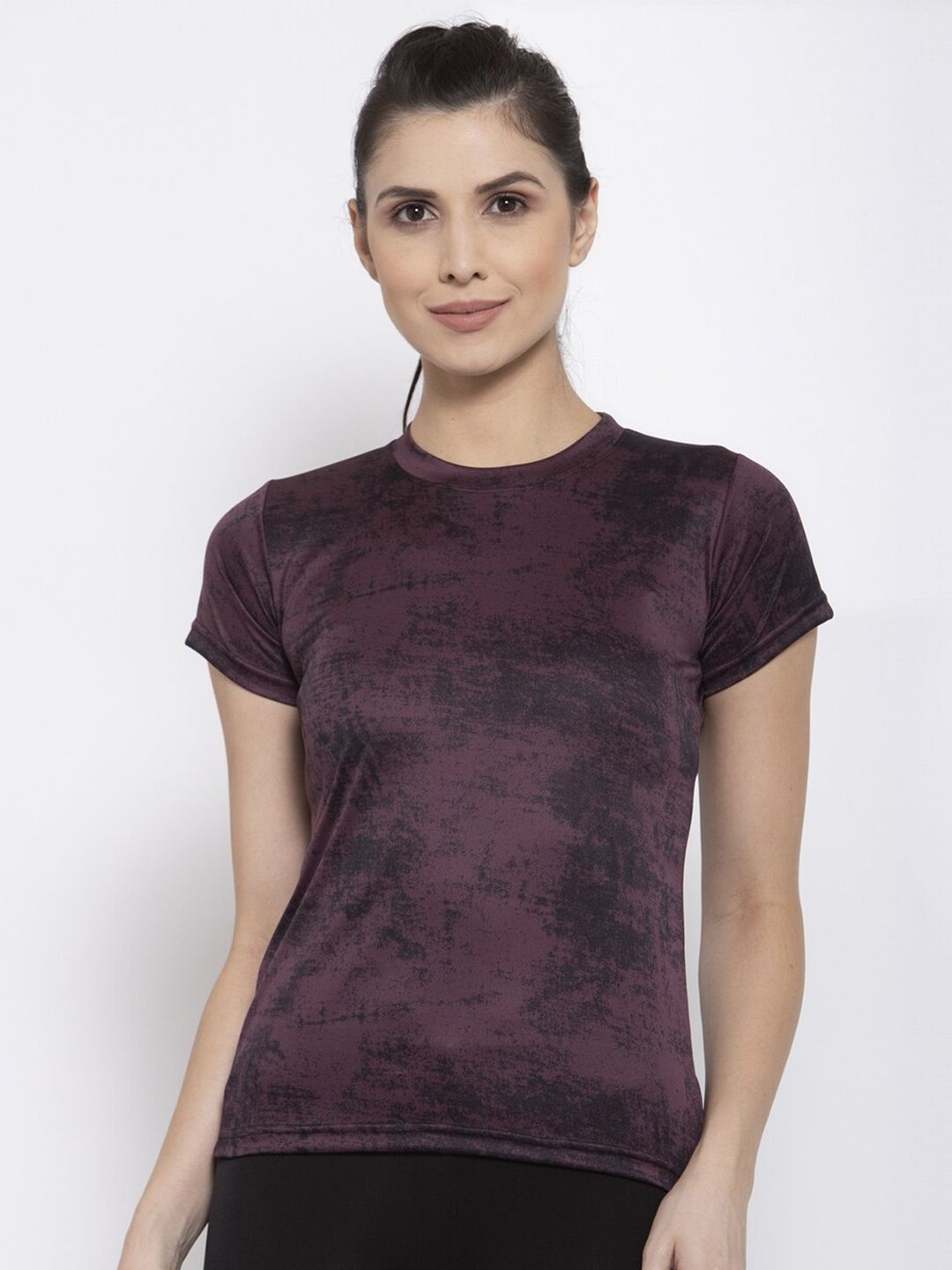 CUKOO Women Maroon & Black Printed Rapid Dry T-shirt Price in India