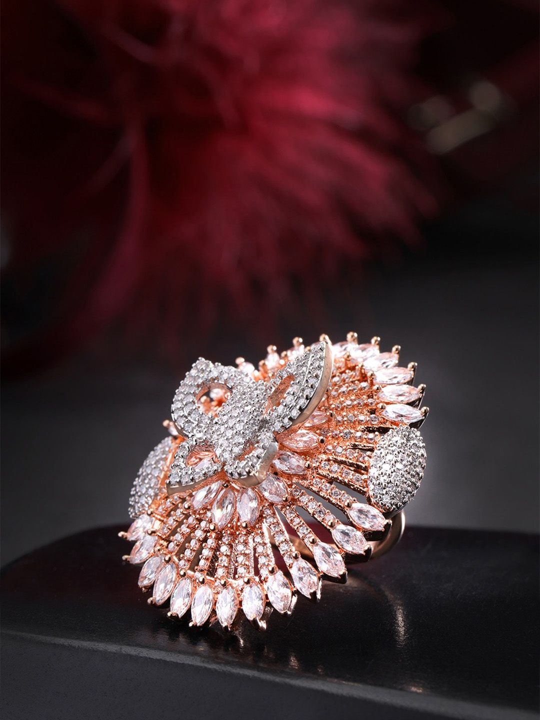 Priyaasi Rose Women Gold-Plated White AD-Studded Handcrafted Adjustable Finger Ring Price in India