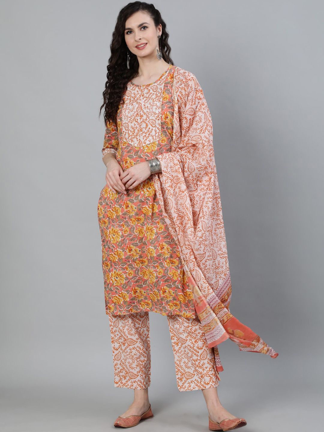 Jaipur Kurti Women Peach-Coloured Printed Pure Cotton Kurta with Trousers & Dupatta Price in India