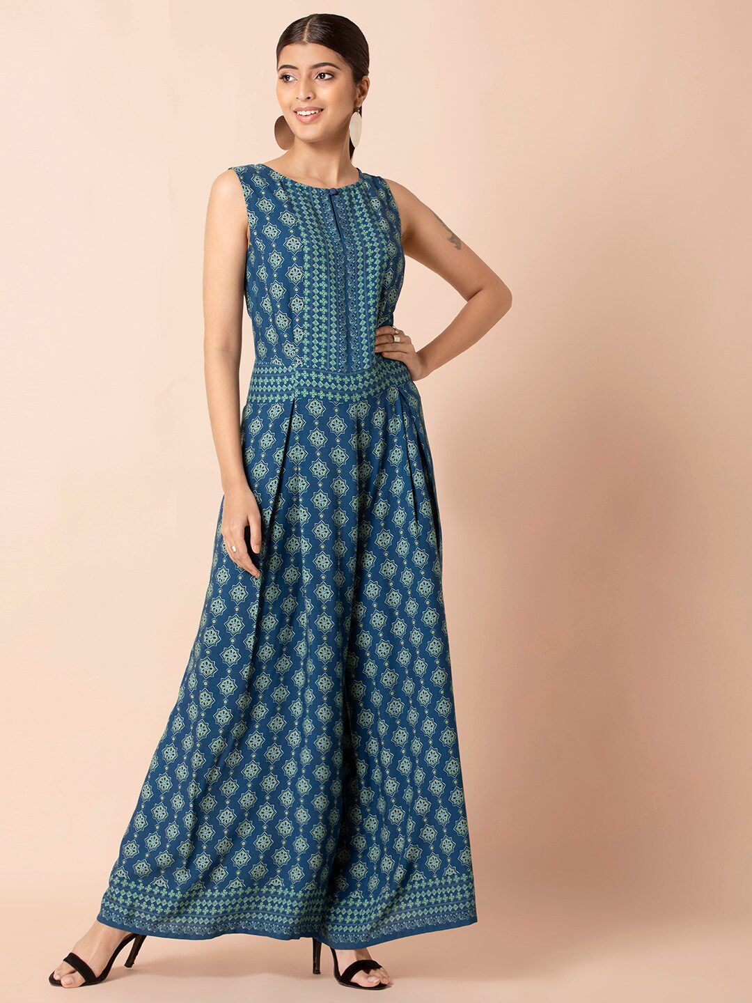 INDYA Blue Printed Basic Jumpsuit Price in India
