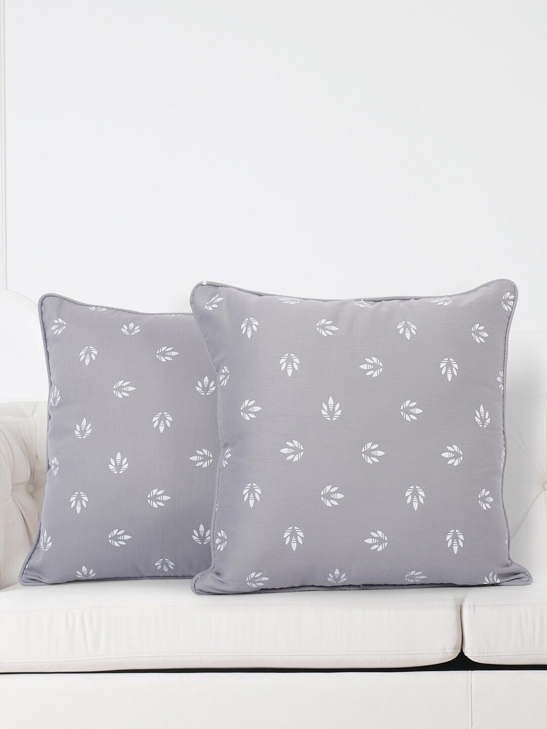 SWAYAM Grey & White Set of 2 Floral Square Cushion Covers Price in India