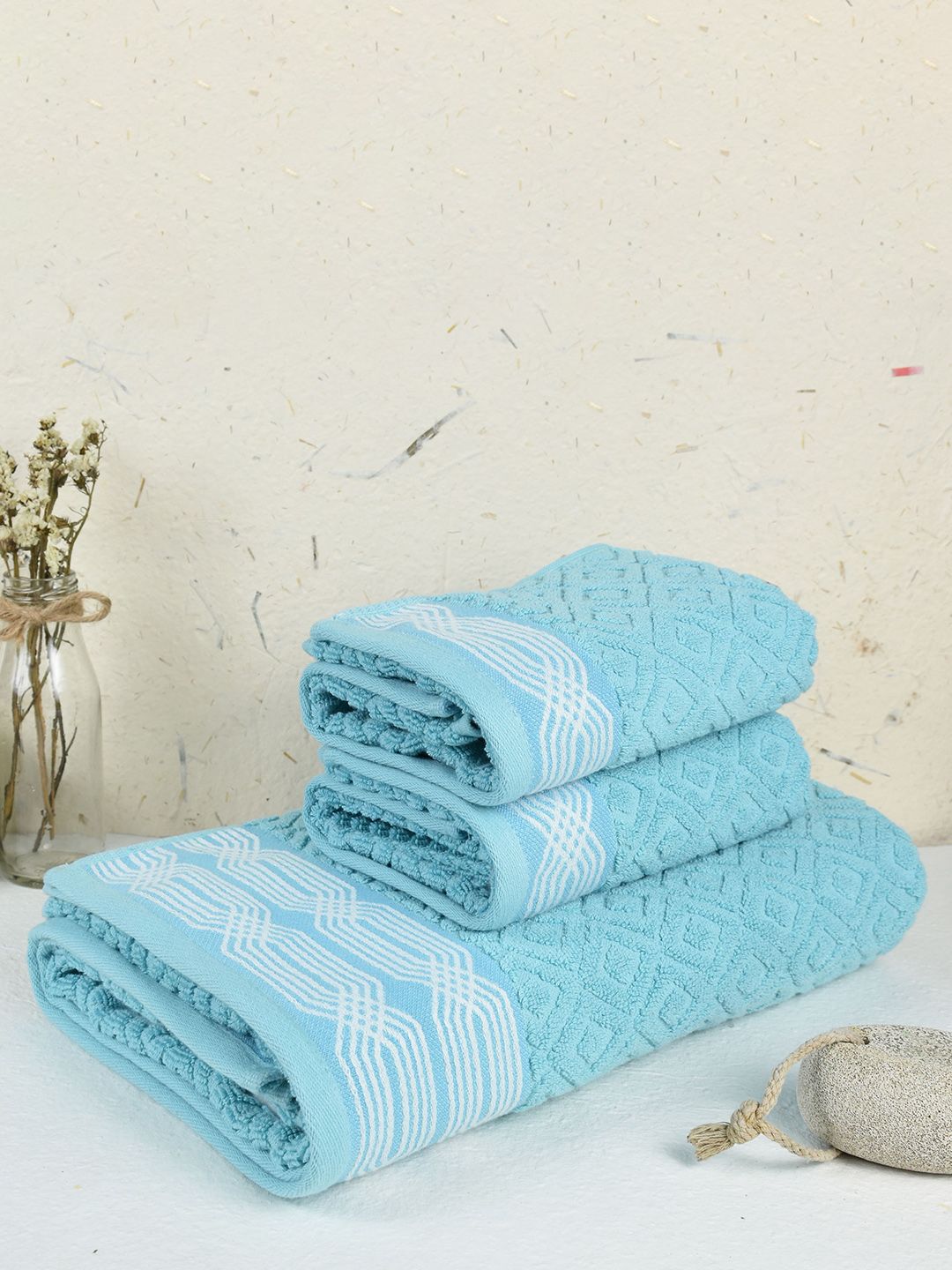 RANGOLI Set Of 3 Blue Self-Design 500 GSM Cotton Towels Set Price in India