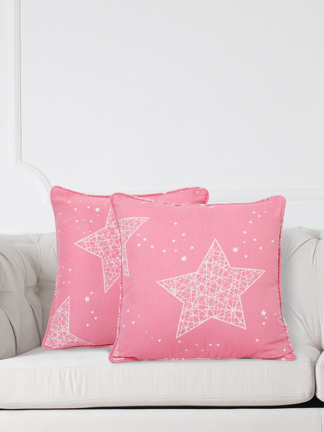 SWAYAM Pink & White Set of 2 Geometric Square Cushion Covers Price in India