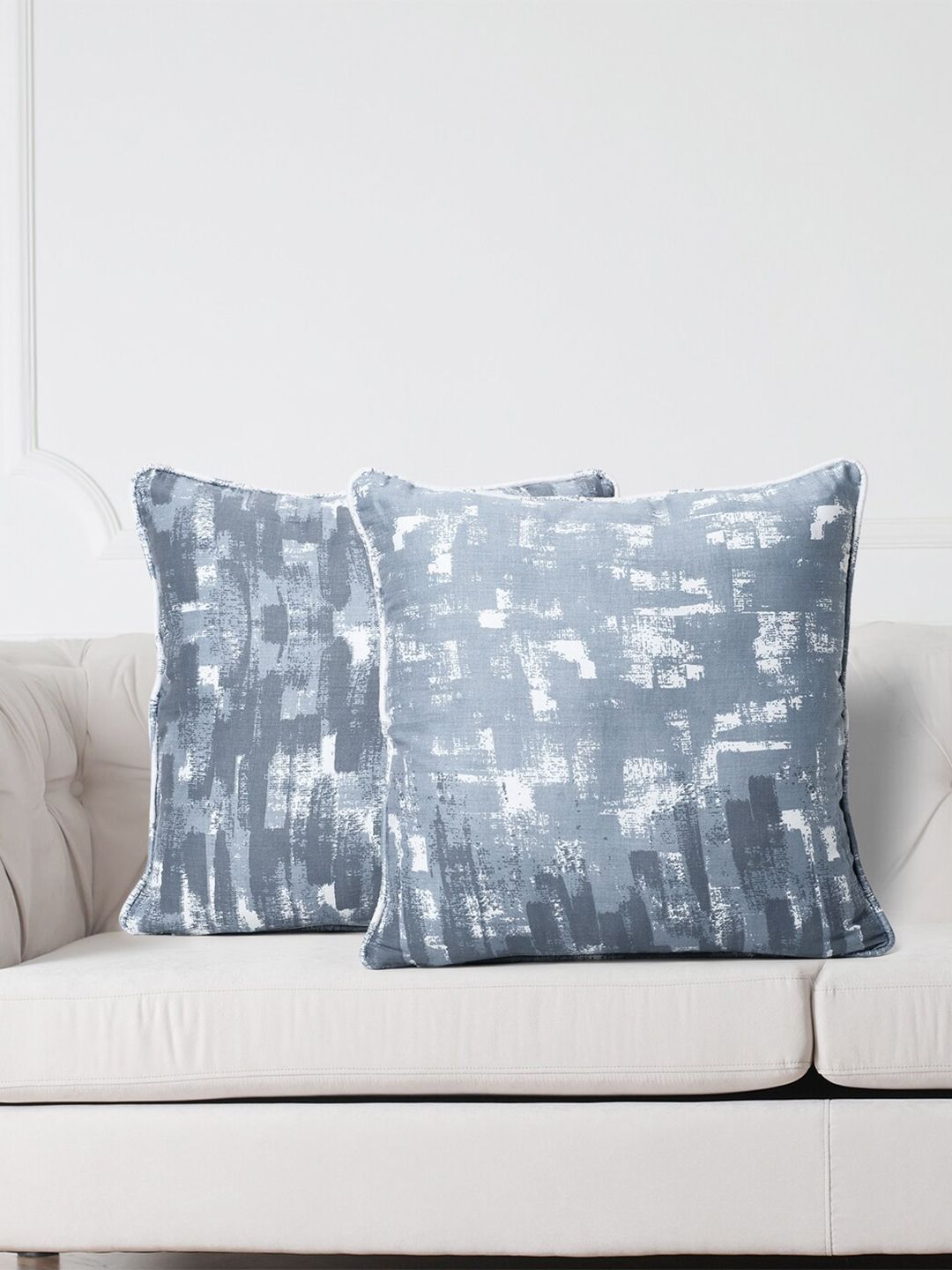 SWAYAM Grey & White Set of 2 Abstract Square Cushion Covers Price in India