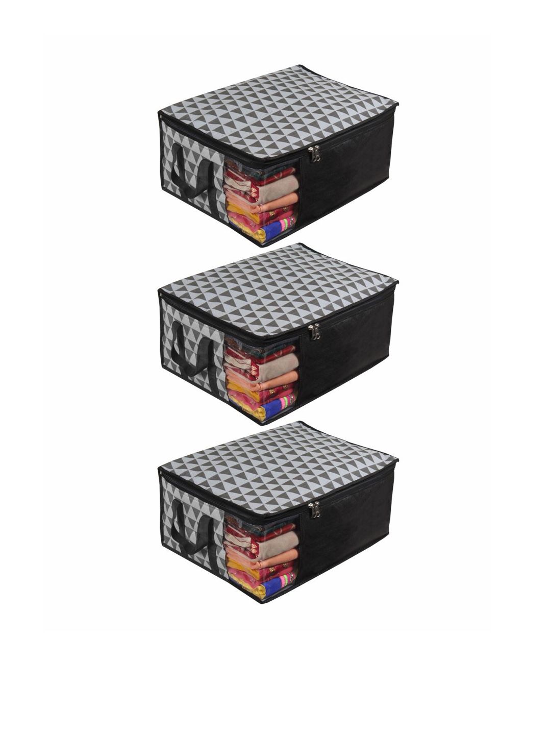 prettykrafts Set Of 3 Grey & Black Geometric Saree Organizers With Transparent Window Price in India