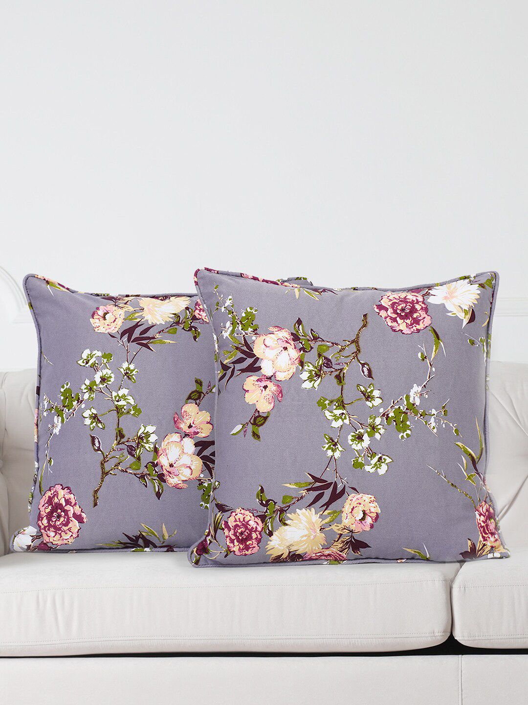 SWAYAM Grey & Pink Set of 2 Floral Square Cushion Covers Price in India