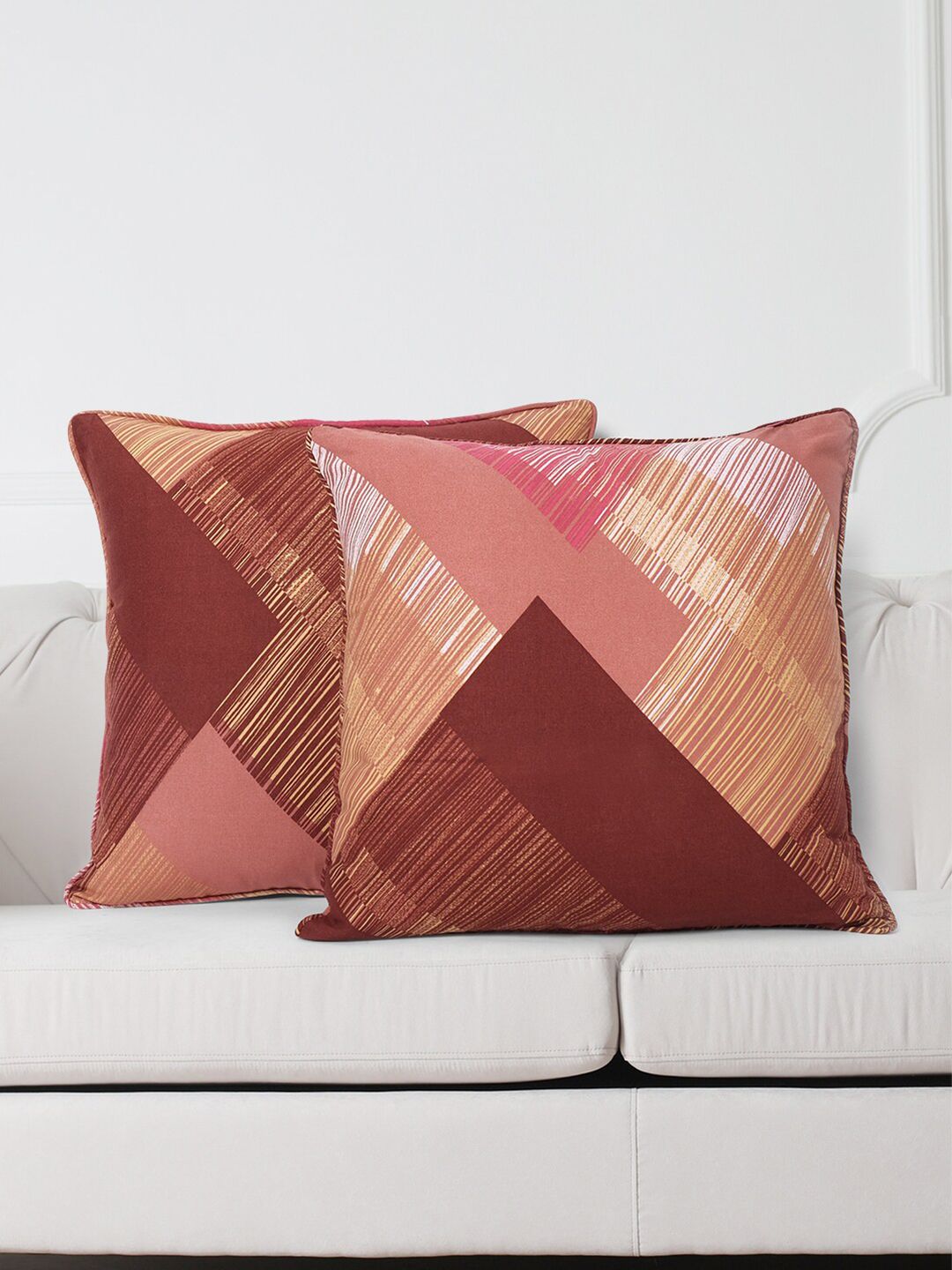 SWAYAM Brown & Peach-Coloured Set of 2 Geometric Square Cushion Covers Price in India