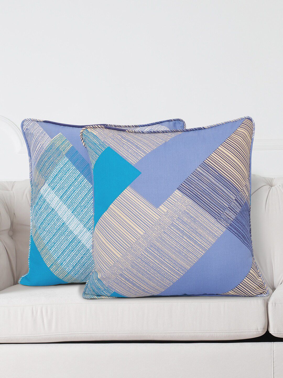 SWAYAM Blue & Grey Set of 2 Geometric Square Cushion Covers Price in India