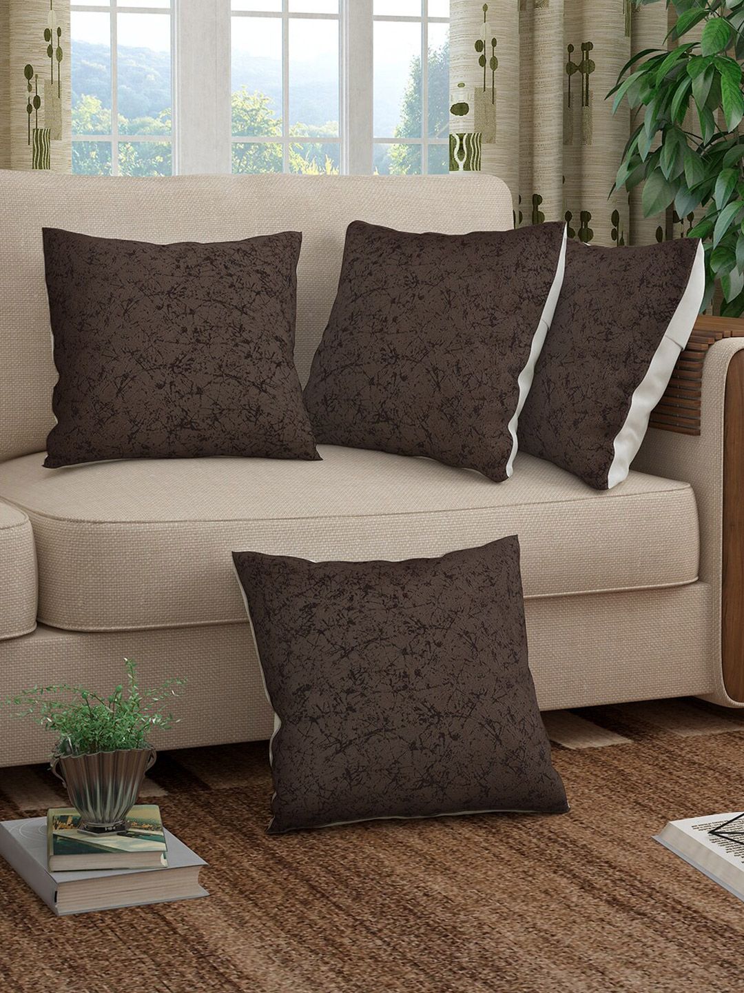 Story@home Brown Set of 4 Abstract Square Cushion Covers Price in India