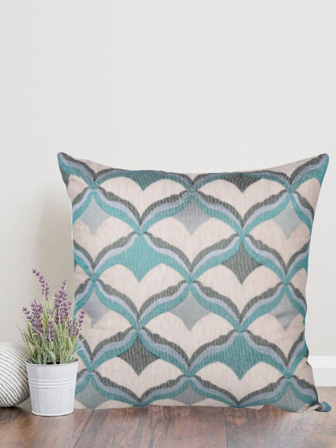 Home Green & Off White Geometric Square Cushion Covers