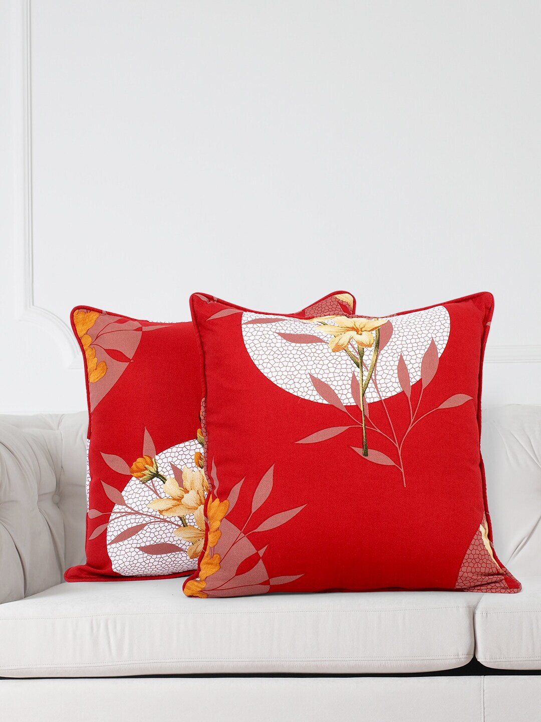 SWAYAM Red & White Set of 2 Floral Square Cushion Covers Price in India