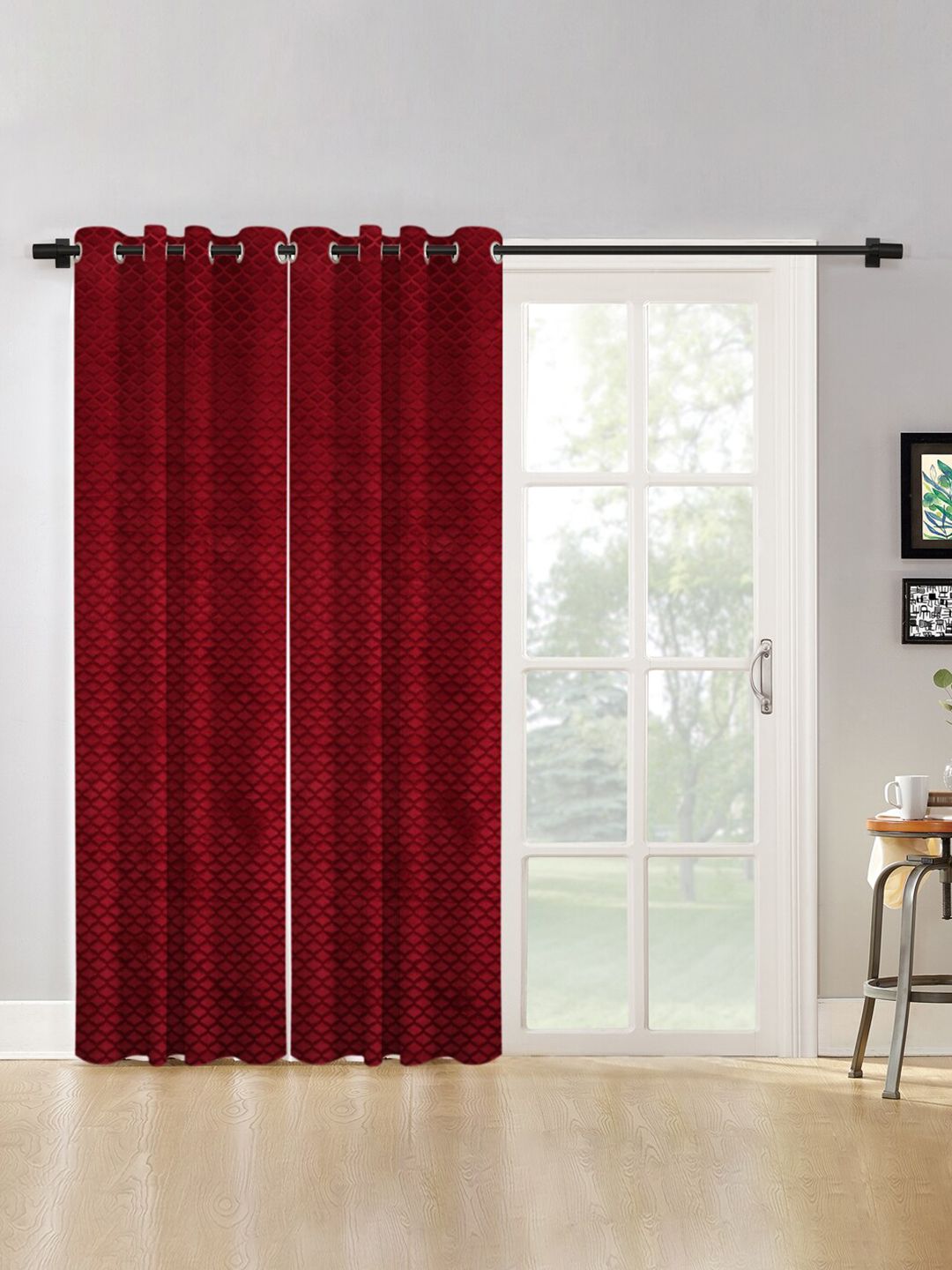 HOSTA HOMES Maroon Set of 2 Geometric Long Door Curtains Price in India