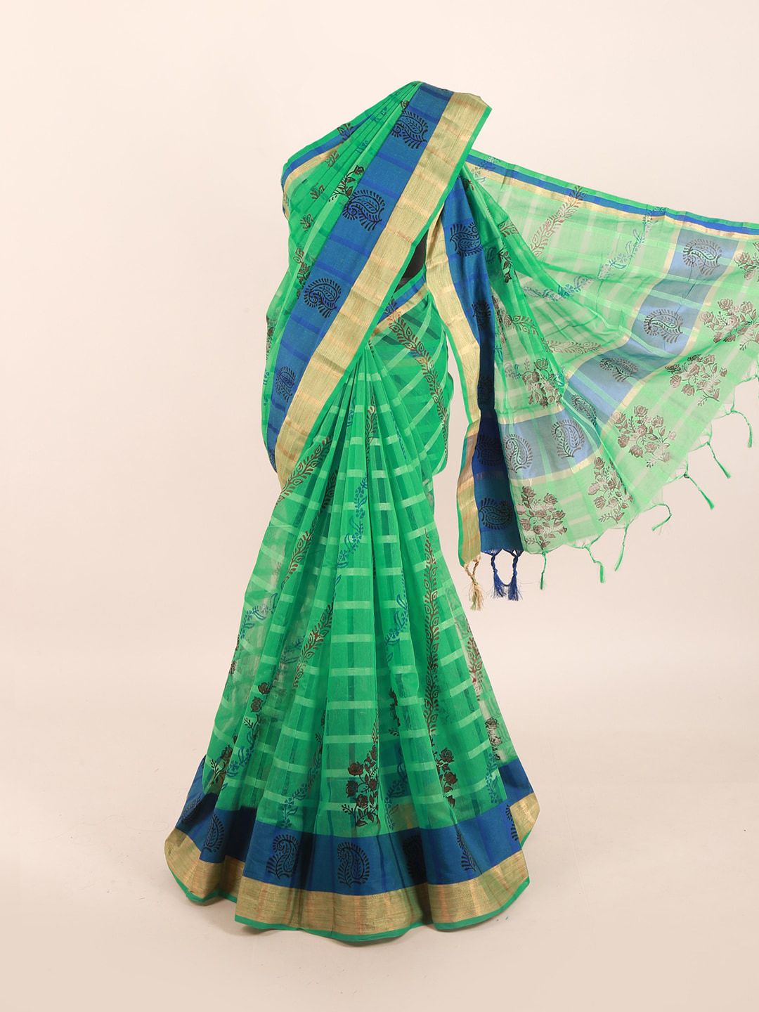 Pothys Green & Blue Checked & Printed Saree