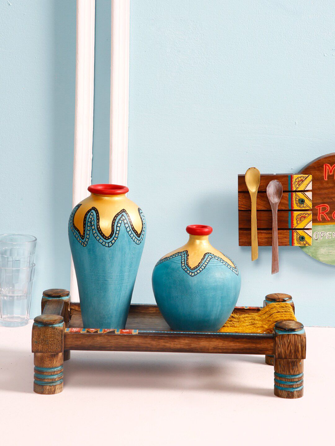 Aapno Rajasthan Set Of 2 Gold-Toned & Blue Hand-Painted Terracotta Vases With Wooden Charpai Price in India