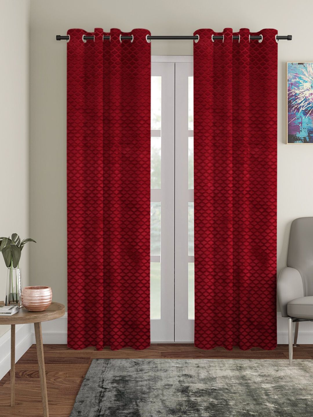 HOSTA HOMES Maroon Set of 2 Geometric Door Curtains Price in India