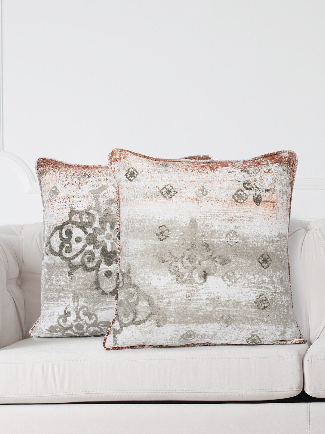 SWAYAM Grey & White Set of 2 Ethnic Motifs Square Cushion Covers Price in India