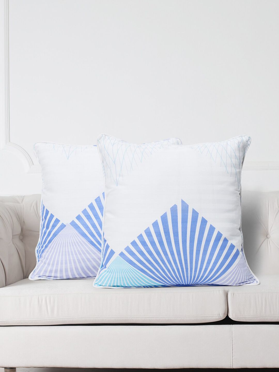 SWAYAM White & Blue Set of 2 Geometric Square Cushion Covers Price in India
