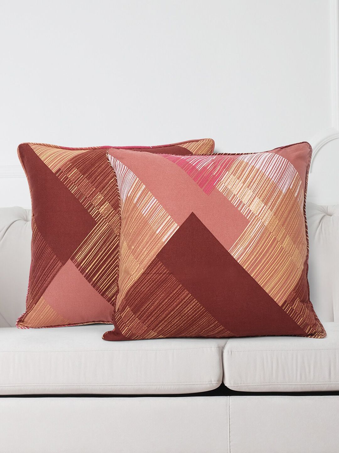 SWAYAM Brown & Pink Set of 2 Geometric Square Cushion Covers Price in India