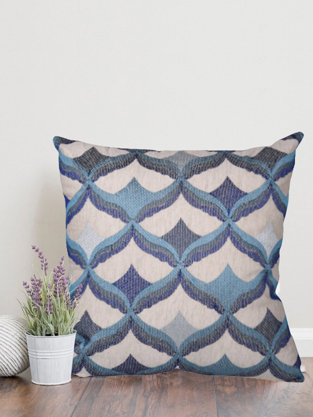 Home Blue Geometric Cotton Durable Square Cushion Cover - 18 x 18 Inches