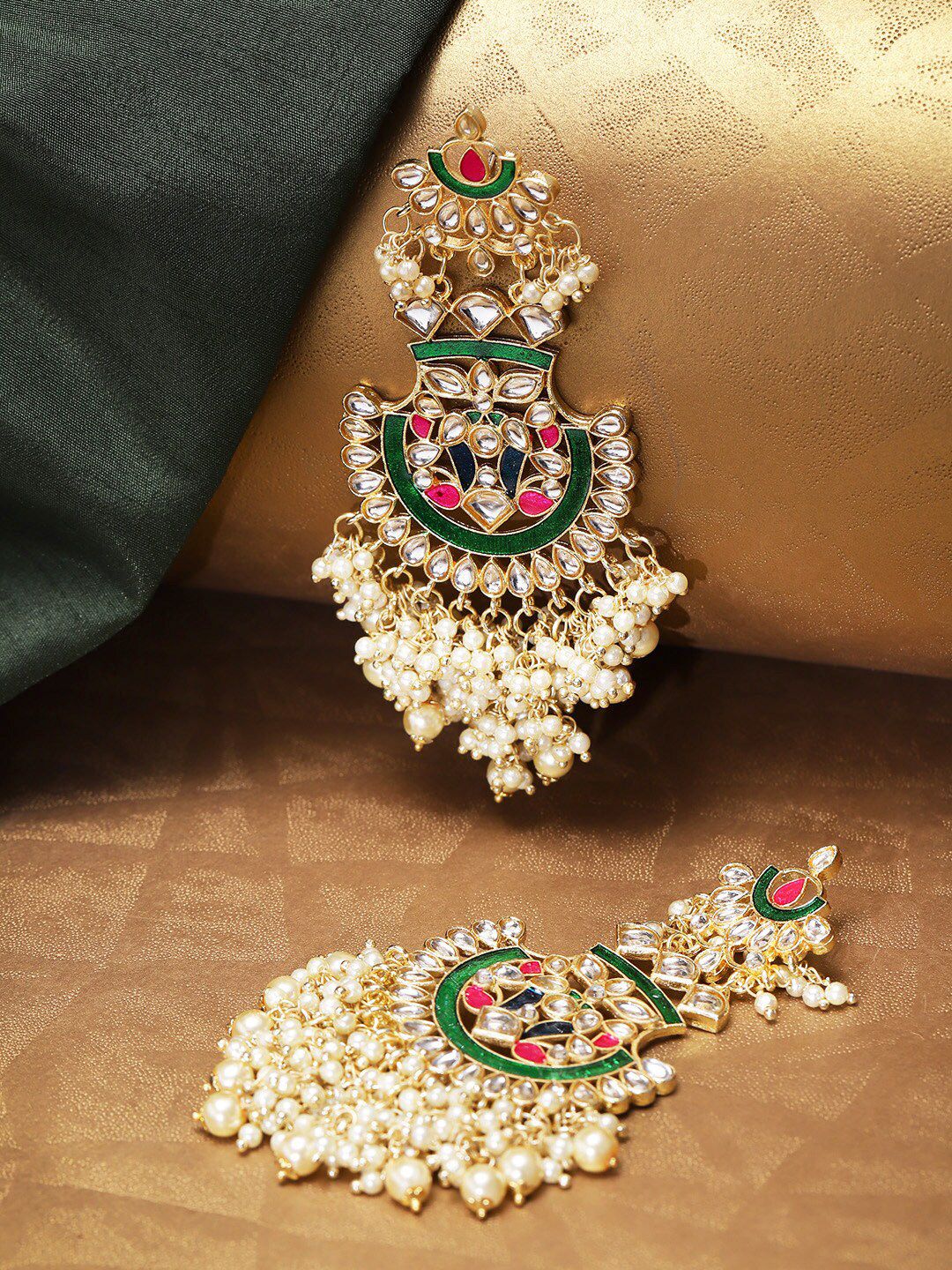 Priyaasi Green & Kundan Studded Meenakari Contemporary Drop Earrings Price in India