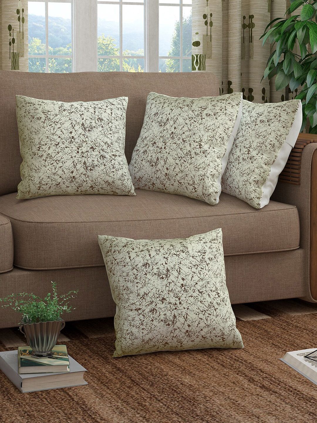 Story@home Beige & Green Set of 4 Abstract Square Cushion Covers Price in India