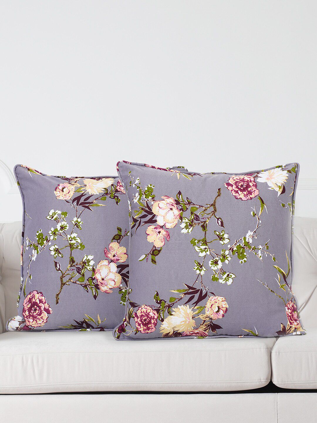 SWAYAM Grey & Pink Set of 2 Floral Square Cushion Covers Price in India