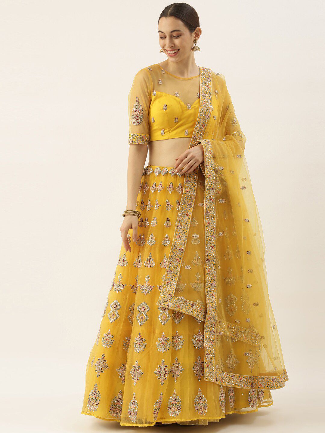 panchhi Mustard Embroidered Semi-Stitched Lehenga & Unstitched Blouse With Dupatta Price in India