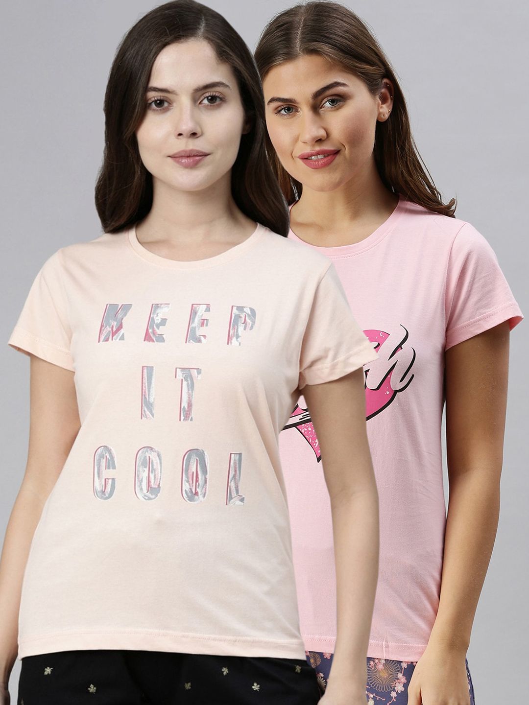 Kryptic Women Pack Of 2 Pink Printed Pure Cotton Lounge T-Shirts Price in India