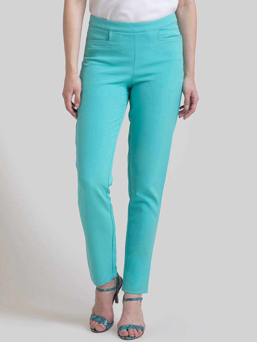 FableStreet Women Turquoise Blue Solid Straight Fit Cigerette Trousers Price in India