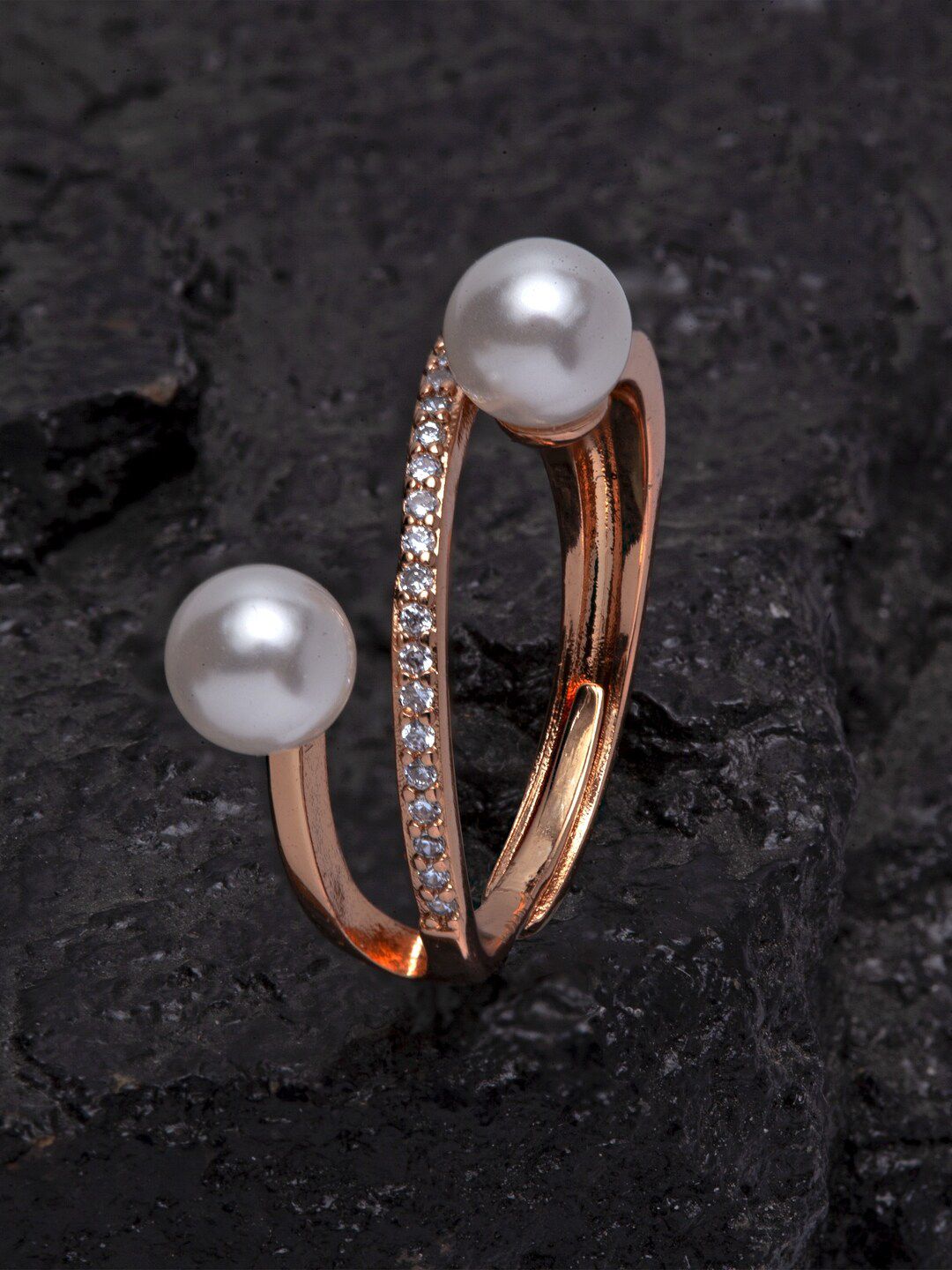 Ferosh Rose Gold-Toned & White Stone-Studded Pearl Branch Finger Ring Price in India