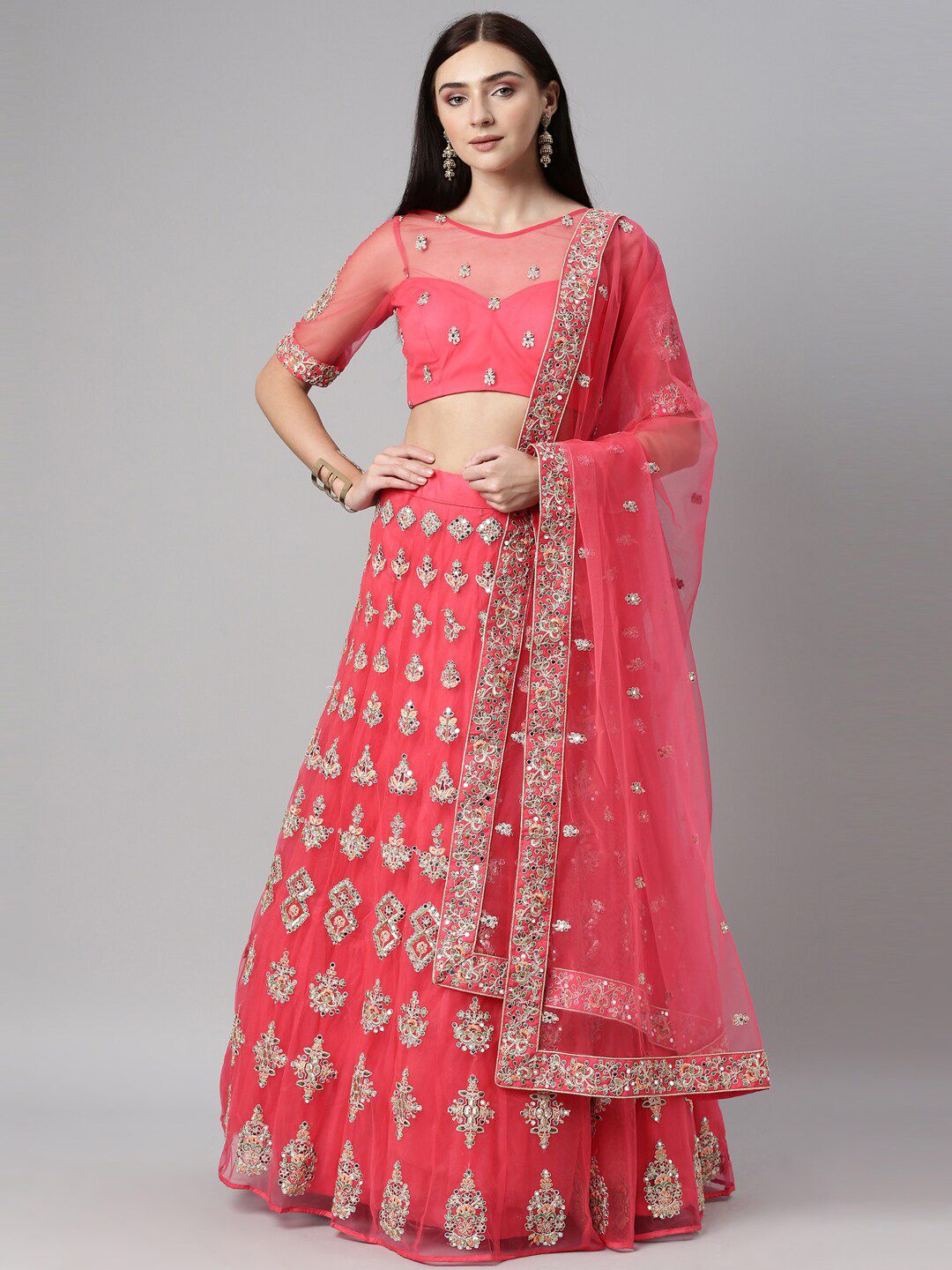 panchhi Pink & Silver-Toned Embroidered Mirror Work Semi-Stitched Lehenga & Unstitched Blouse With Dupatta Price in India