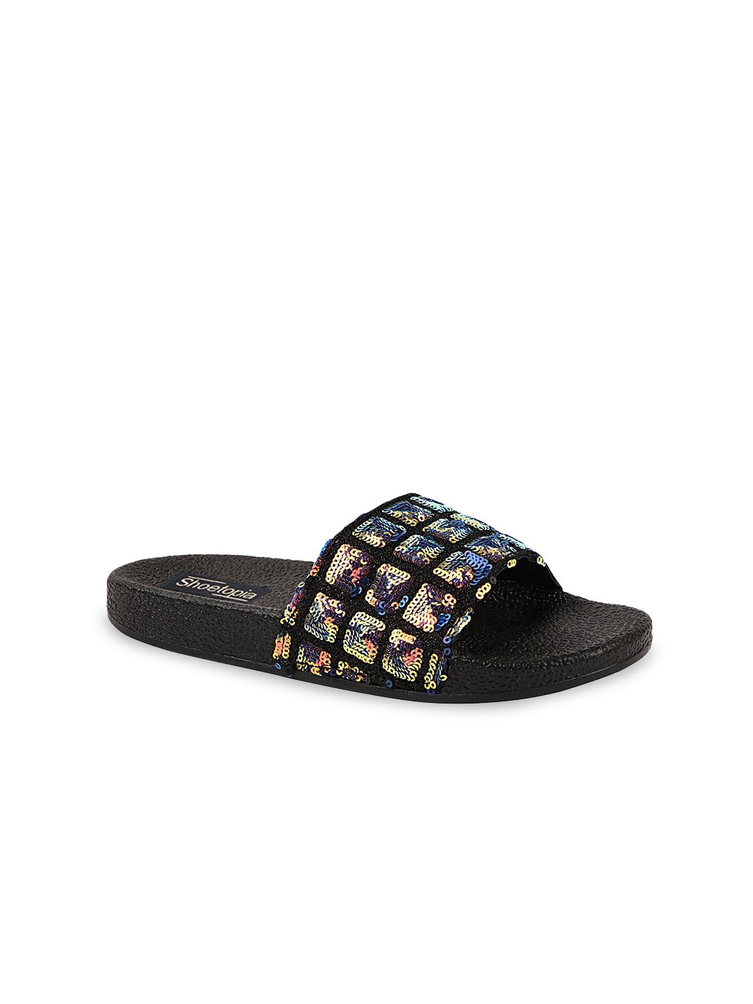 Shoetopia Women Black & Blue Embellished Sliders Price in India