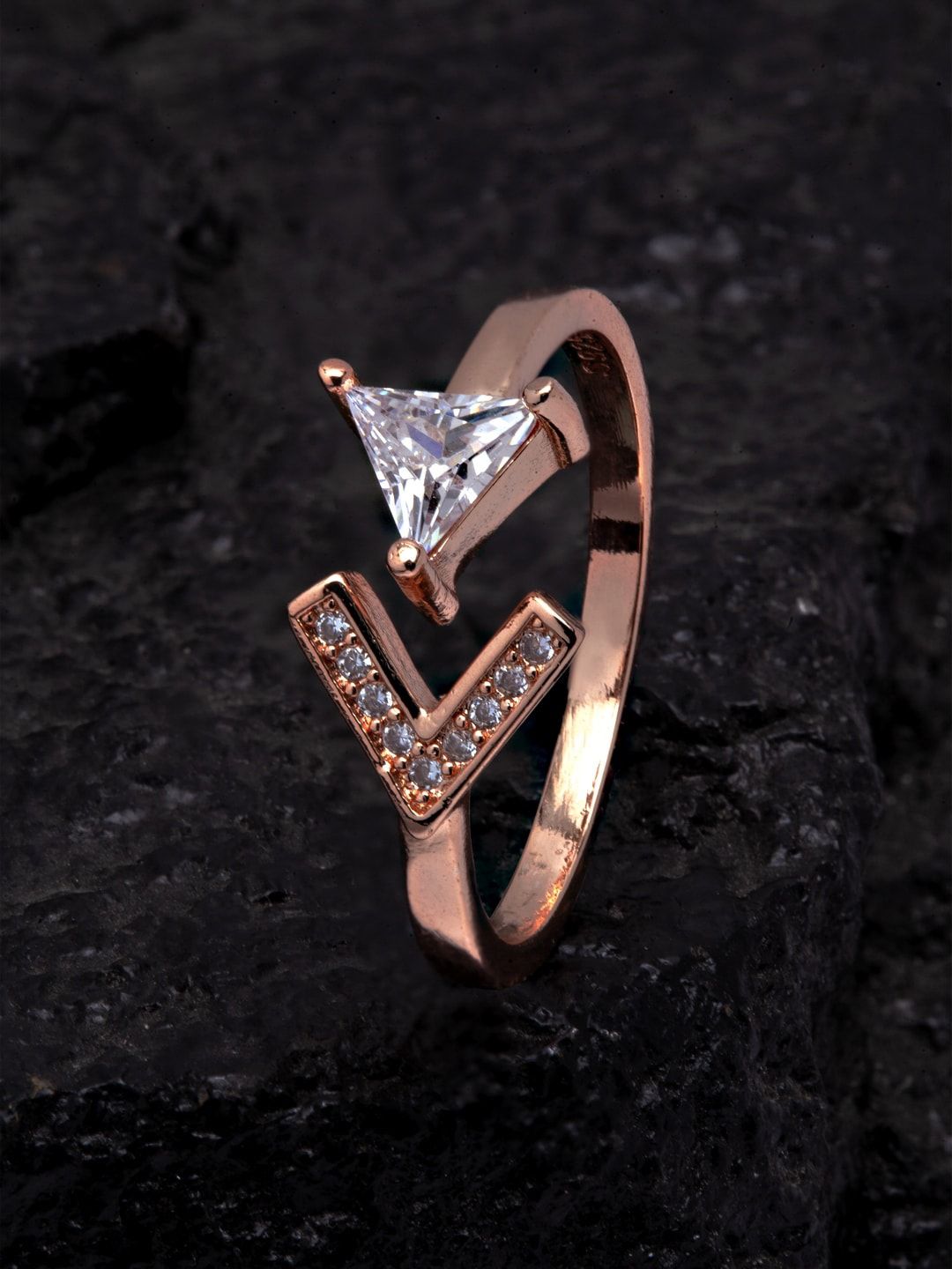 Ferosh Women Rose Gold-Toned & White Stone-Studded Stud Adjustable Finger Ring Price in India