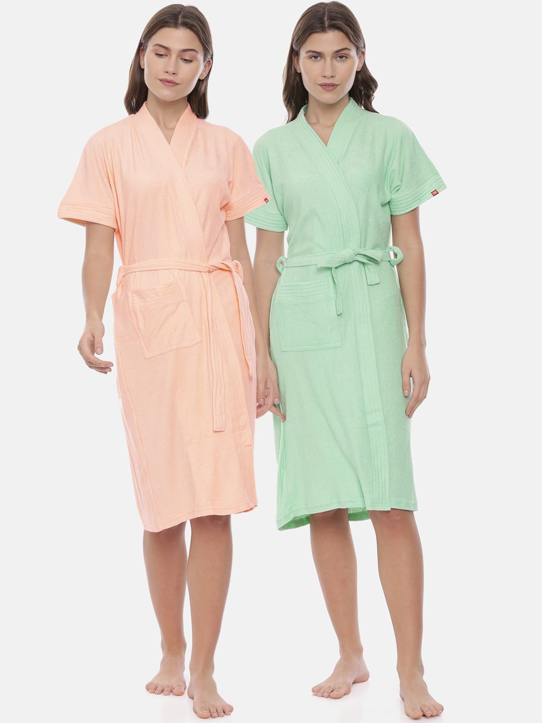 GOLDSTROMS Women Pack Of 2 Peach-Coloured & Green Solid Cotton Bath Robes Price in India