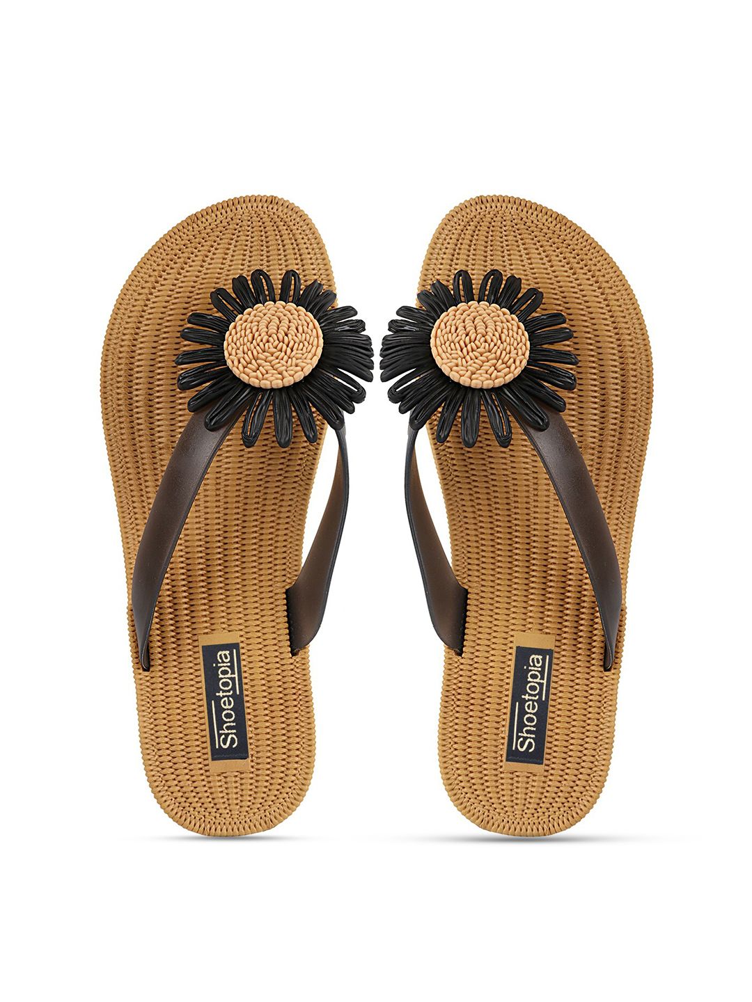 Shoetopia Women Black & Beige Embellished Rubber Thong Flip-Flops Price in India