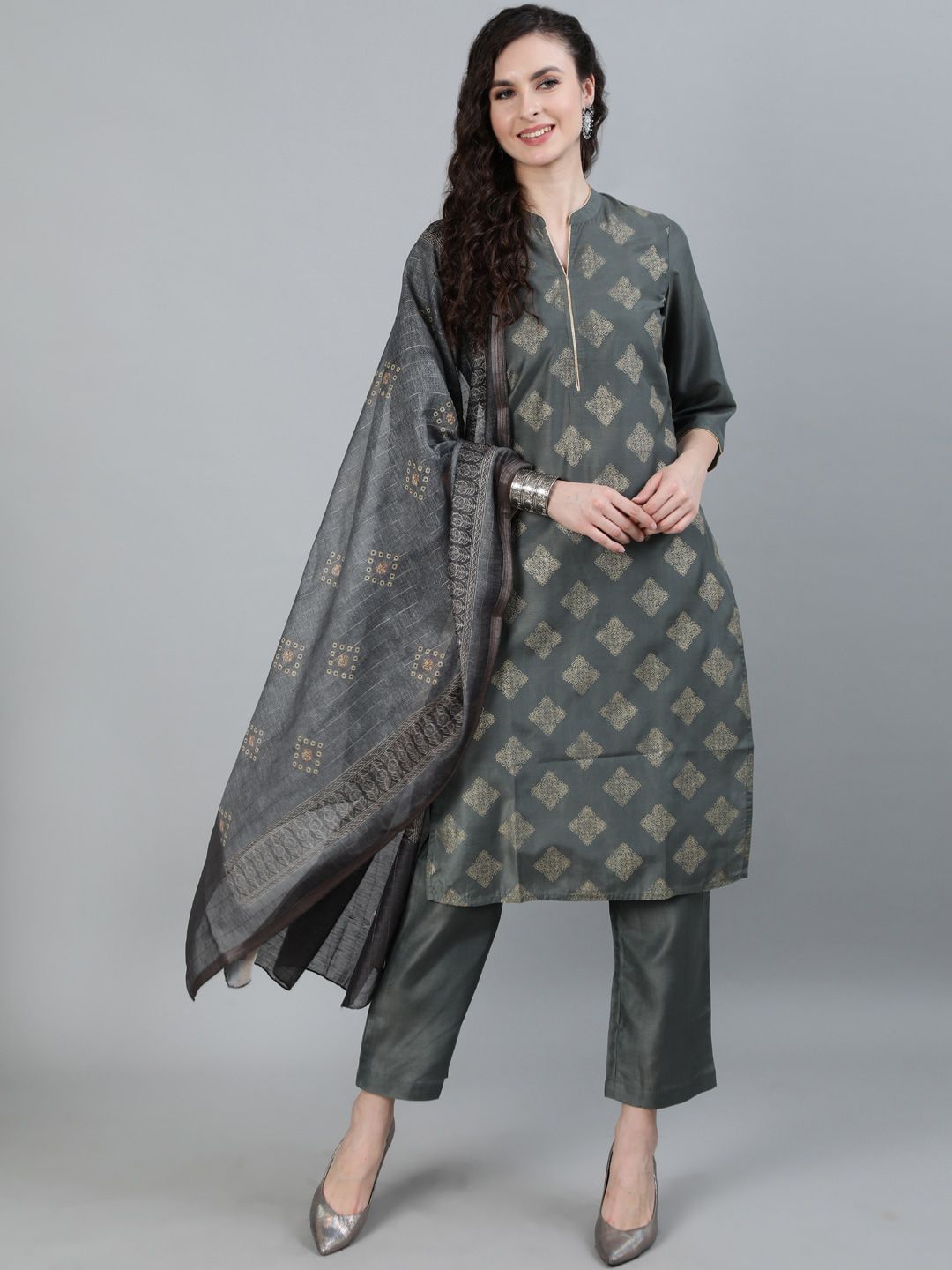 Jaipur Kurti Women Grey Ethnic Motifs Layered Kurti with Trousers & With Dupatta Price in India